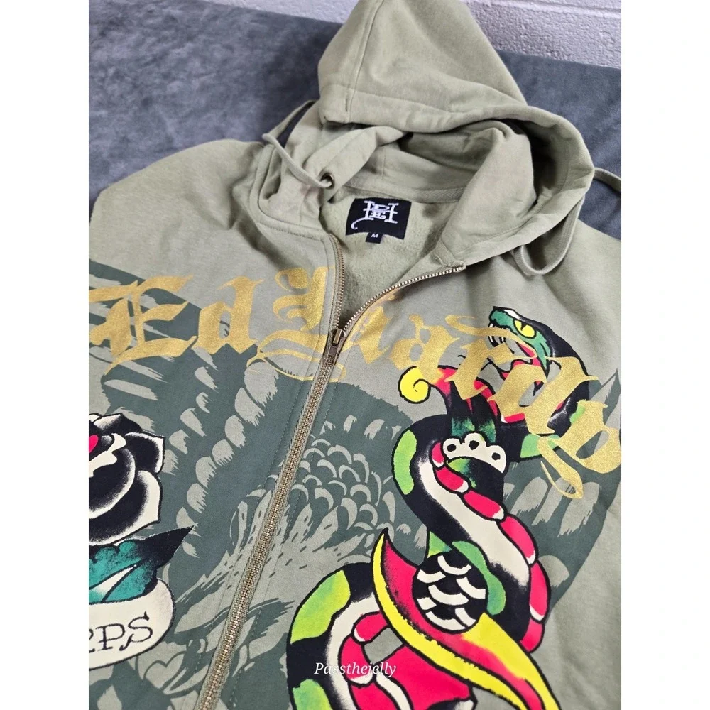 Ed Hardy Jacket Vest Mens Medium Full Zip Sleeveless‎ Dagger Tattoo Snake Hoodie